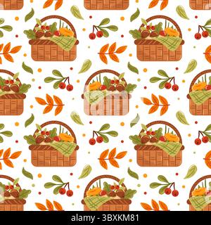 A vibrant pattern featuring autumn harvest baskets, leaves, and decorative elements, perfect for fall designs. Stock Vector