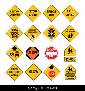 School Zone Warning Signs Vector Illustration Stock Vector