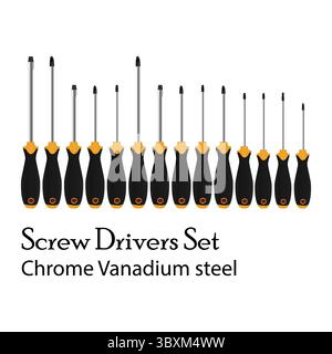Screw Drivers Set Chrome Vanadium Steel Illustration vector-based drawing Vol 01 Stock Vector