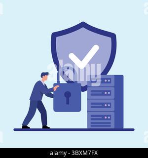A man locks a large padlock next to computer servers, symbolizing secure data protection and cybersecurity measures. Stock Vector
