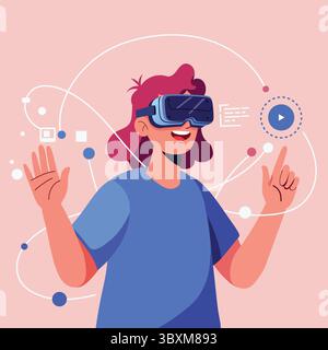 Young person interacting with virtual content, wearing VR goggles in a digital environment with floating icons and a pink background. Stock Vector