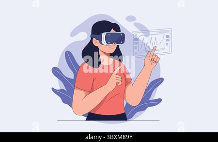Woman wearing virtual reality goggles interacts with a holographic screen, representing immersive technology and futuristic data analysis. Stock Vector