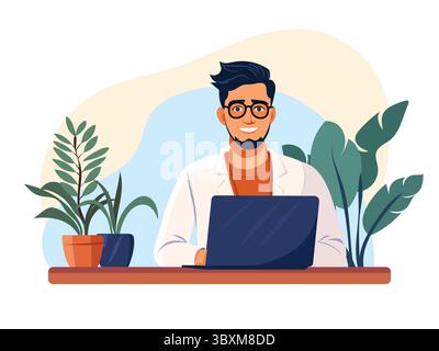 A young man dressed in a white shirt and glasses working on his laptop Stock Vector