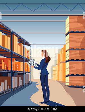 A formally dressed woman checks documents in front of warehouse shelves filled with boxes, in a bright industrial setting. Stock Vector