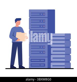 Man managing data servers in a secure tech environment Stock Vector