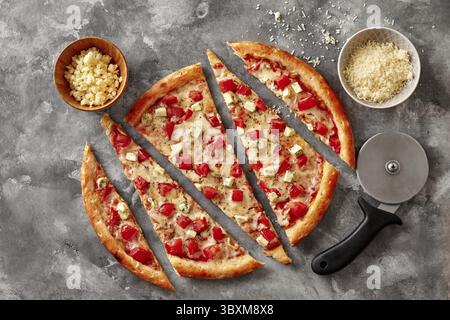 Sliced appetizing classic thin pizza with fresh juicy tomatoes, pieces of blue cheese and dried basil on gray stone surface with wheel-type cutter and Stock Photo