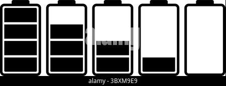Set of battery level icons showing five stages from full to empty in black and white using solid fill indicators for power status and energy level. Stock Vector