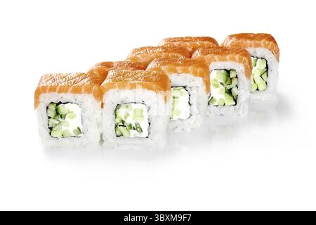 Closeup of classic Philadelphia sushi rolls stuffed with soft cream cheese and cucumbers topped with fresh raw salmon fillet, isolated on white backgr Stock Photo