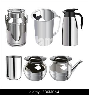 set of chrome-plated jugs glass crockery Vol 01 Stock Vector
