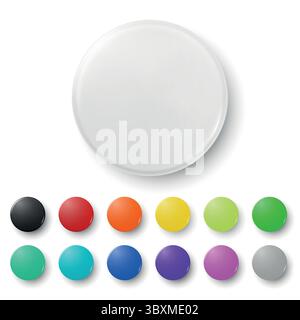 Vector Colorful Round Badge Icon Set, Isolated. Blank Badge Template. Realistic Badge Collection in Multiple Colors. Pin Badge Icon. Glossy Badge Stock Vector