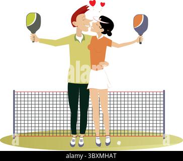 Pickleball court. Man and woman falling in love and kissing. Young man and woman playing pickleball. Love couple kissing on the pickleball court Stock Vector