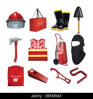Set of firefighting equipment, fire extinguisher, fire blanket, fire helmet illustration on white background Vol 01 Stock Vector