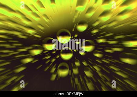 Zooming into rain water droplets on golden glass background Stock Photo