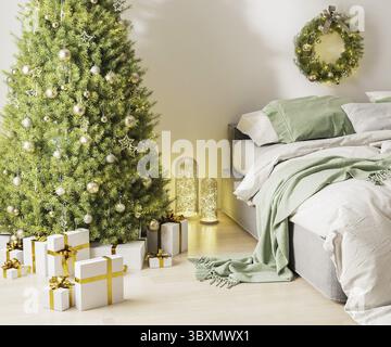 Christmas three with ornaments, festive lights and white and golden gift boxes in room interior near bed, christmas wreath, 3d rendering Stock Photo