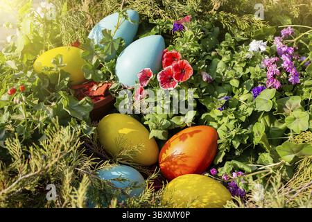 Large multi-colored wooden eggs lie on a flower bed, on a sunny day, view from above. Close up Stock Photo