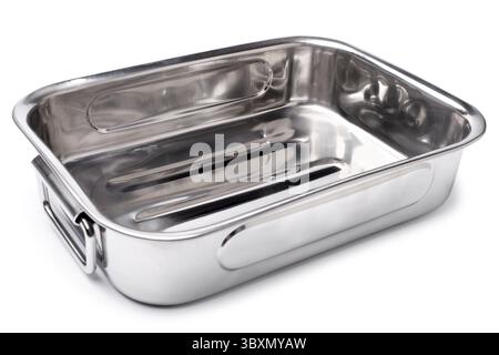 Stainless steel roasting pan on white background Stock Photo