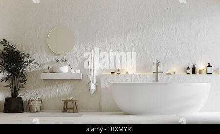 Modern bathroom interior mock up with bathtub, sink and mirror, towels and bath accessories, 3d rendering Stock Photo