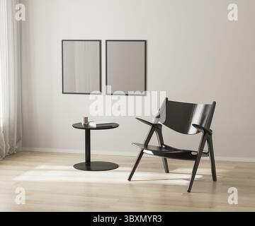 Two poster frames mockup on white wall, black chair and coffee table, 3d render Stock Photo