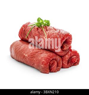 Three raw rouladen beef isolated on white, close up Stock Photo