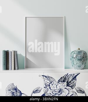 Mock up white blank poster frame in modern orient style interior with light blue wall, books and porcelain vase, japaneese style, 3d rendering Stock Photo