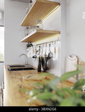 Kitchen wooden countertop with stove and sink, shelves with kitchen utensils on white wall near window, stylish kitchen interior design in scandinavia Stock Photo