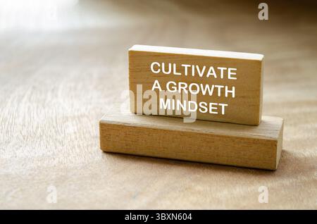 Cultivate A Growth Mindset Tasks text on wooden block with customizable space for text Stock Photo