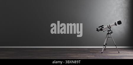Telescope in modern dark gray room interior background, astronomy concept, telescope in empty room, mockup, 3d render Stock Photo