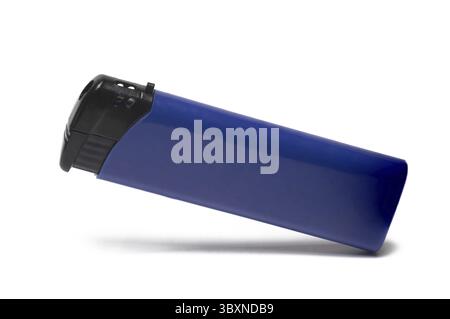 Close up of modern blue black disposable lighter with automatic ignition on white background Stock Photo