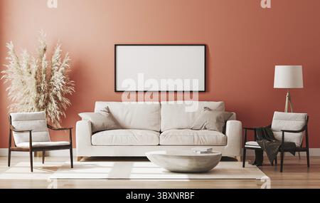 Blank picture frame mock up in red room interior, 3d rendering Stock Photo
