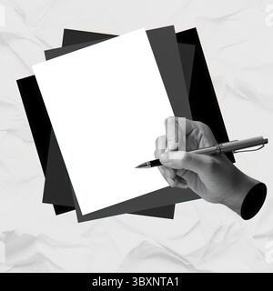 A diverse hand holding a pen over a stack of blank papers, poised for artistic expression, emphasizing creativity and the beginning of ideas. Minimali Stock Photo