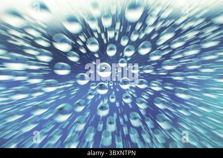 Zooming into clear raindrops on clear glass with ocean blue color background Stock Photo