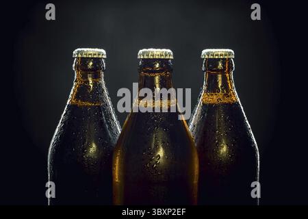 Three cool beer bottles on black background Stock Photo