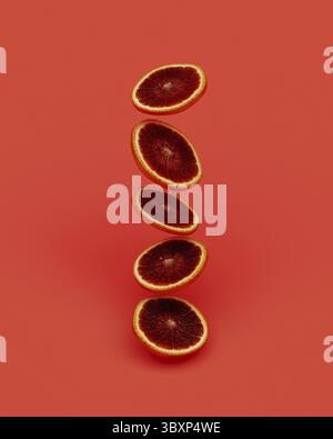 Floating/flying/falling sliced fresh graipfruit on orange background, 3d rendering Stock Photo