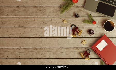 A 3D render of a holiday-themed workspace showcasing a laptop, coffee cup, and festive decorations on a wooden desk, blending productivity with season Stock Photo