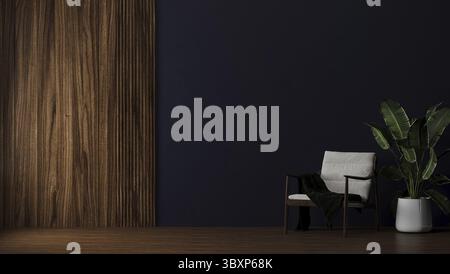 Dark blue wall with wooden panel in room with armchair and plant in pot, wooden floor, 3d rendering Stock Photo