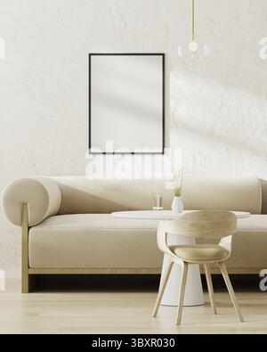Poster frame mockup in modern cafe interior with white sofa and coffee table with chair, 3d rendering Stock Photo