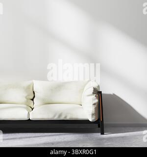 Close up of white sofa with white wall and concrete floor, modern interior background, 3d rendering Stock Photo