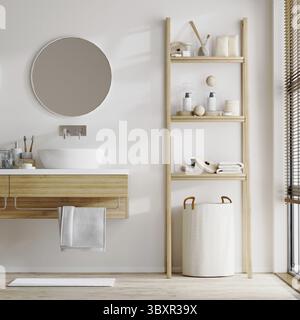 Home bathroom interior with sink on wooden cabinet with bath toothbrushes, round mirror, ladder shelves with bath accessories, 3d rendering Stock Photo