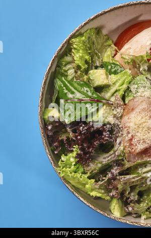 Delectable mixed greens salad with grilled chicken strips, avocado and tomato slices, drizzled with spicy creamy sauce and sprinkled with grated Parme Stock Photo