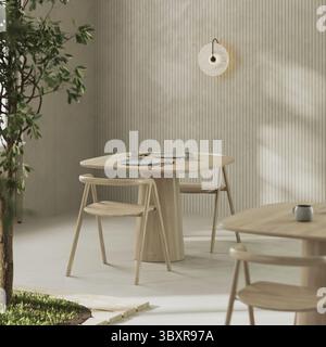 Served table in modern cafe interior, wooden furniture, green natural cafe, 3d render Stock Photo