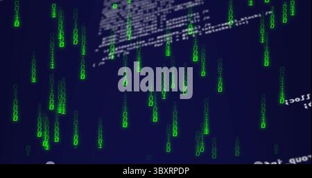 Cascading green binary code streams falling in virtual interface, with blurred white snippets Stock Photo