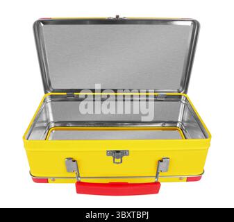 Opened Yellow metal suitcase isolated on white background Stock Photo