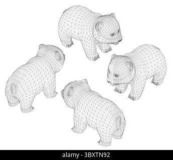 Four Panda are standing in a circle. The Panda are all same sizes and are all facing the different direction. Isometric view. 3D Stock Vector
