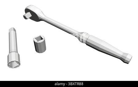 A white tool is shown with a black handle. The tool is a wrench. The wrench is being used to tighten a bolt Stock Vector