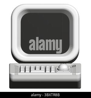 A retro computer monitor with a keyboard and a mouse. The monitor is black and white. Front view Stock Vector