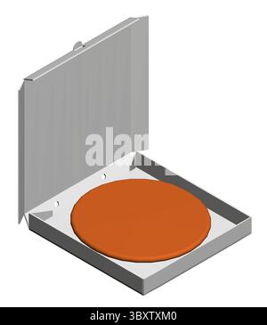 A pizza is inside a box. The box is white and the pizza is orange. Isometric view. 3D Stock Vector