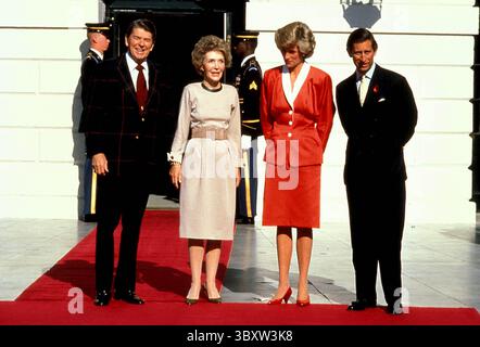 November 1, 1985, Washington, District of Columbia, USA: President RONALD REAGAN clad in plaid jacket posing with NANCY REAGAN, PRINCE CHARLES and PRINCESS DIANA, at the White House. (Credit Image: © Brad Markel/ZUMA Press Wire) Stock Photo