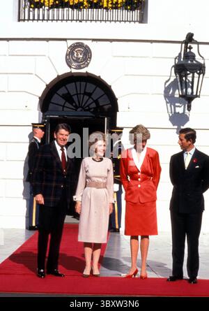 November 1, 1985, Washington, District of Columbia, USA: President RONALD REAGAN clad in plaid jacket posing with NANCY REAGAN, PRINCE CHARLES and PRINCESS DIANA, at the White House. (Credit Image: © Brad Markel/ZUMA Press Wire) Stock Photo