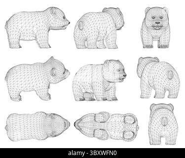 The image is a series of black and white drawings of Panda in various poses. The drawings are all different sizes and orientations, but they all share Stock Vector