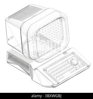 A computer monitor is shown in a black and white drawing. The monitor is a desktop computer with a keyboard and a mouse. The drawing is of a computer Stock Vector